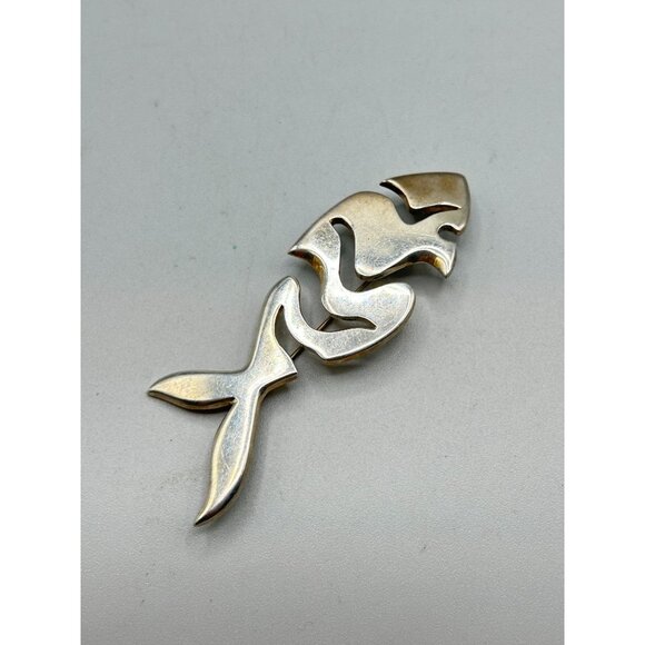 Vintage Sterling Silver Fish Pin Brooch Mexico 925 Cutout Modernist Fish Jewelry - Picture 7 of 8